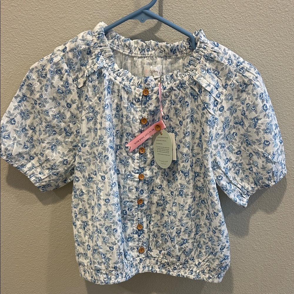 Light Blue Floral Button-Front Peasant Top - Women